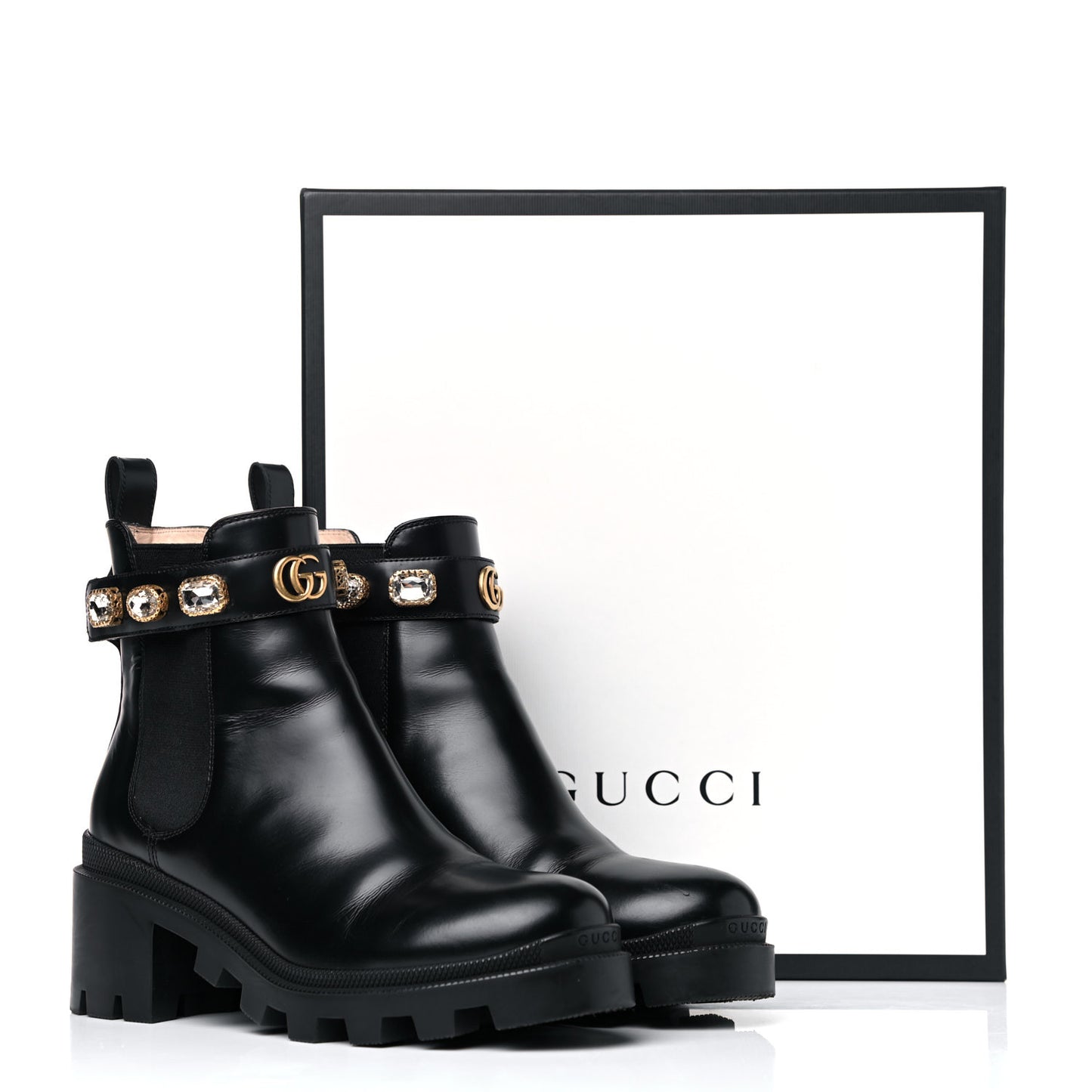 Calfskin Crystal GG Trip Chelsea Ankle Boots 39.5 Black