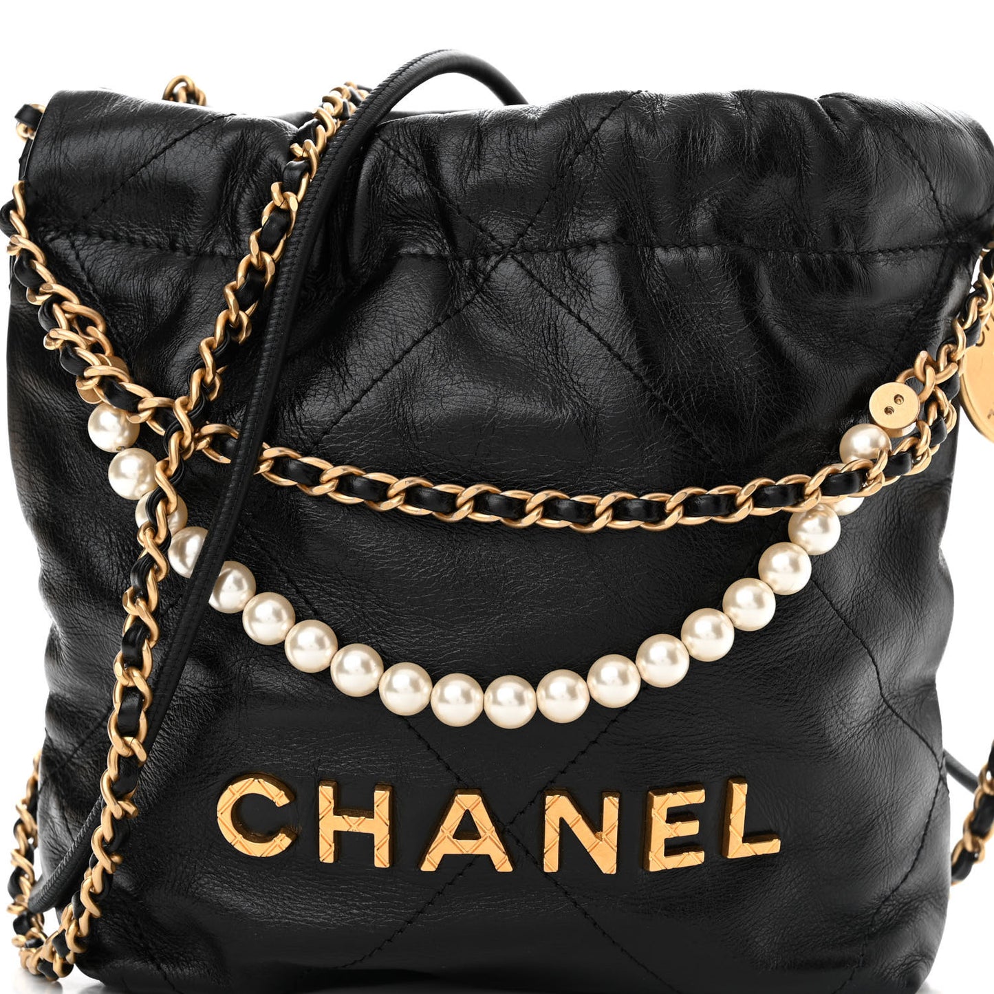 Shiny Crumpled Calfskin Quilted Pearl Mini Chanel 22 Black
