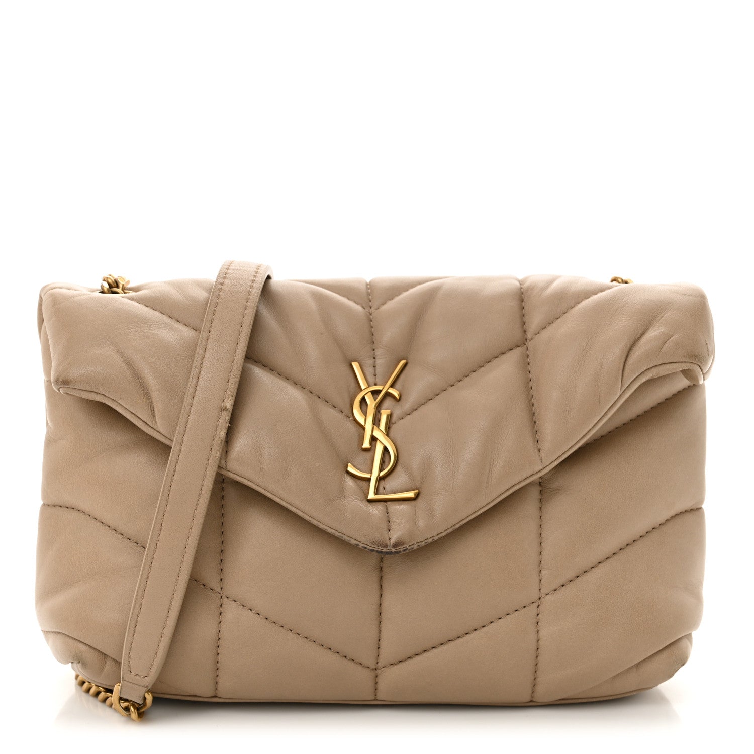 Saint Laurent Lambskin Quilted Toy Loulou Puffer Monogram Chain Satchel Dark Beige 1 of 16