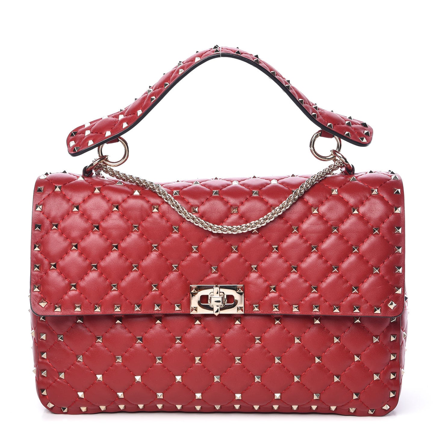 Lambskin Large Rockstud Spike Shoulder Bag Red