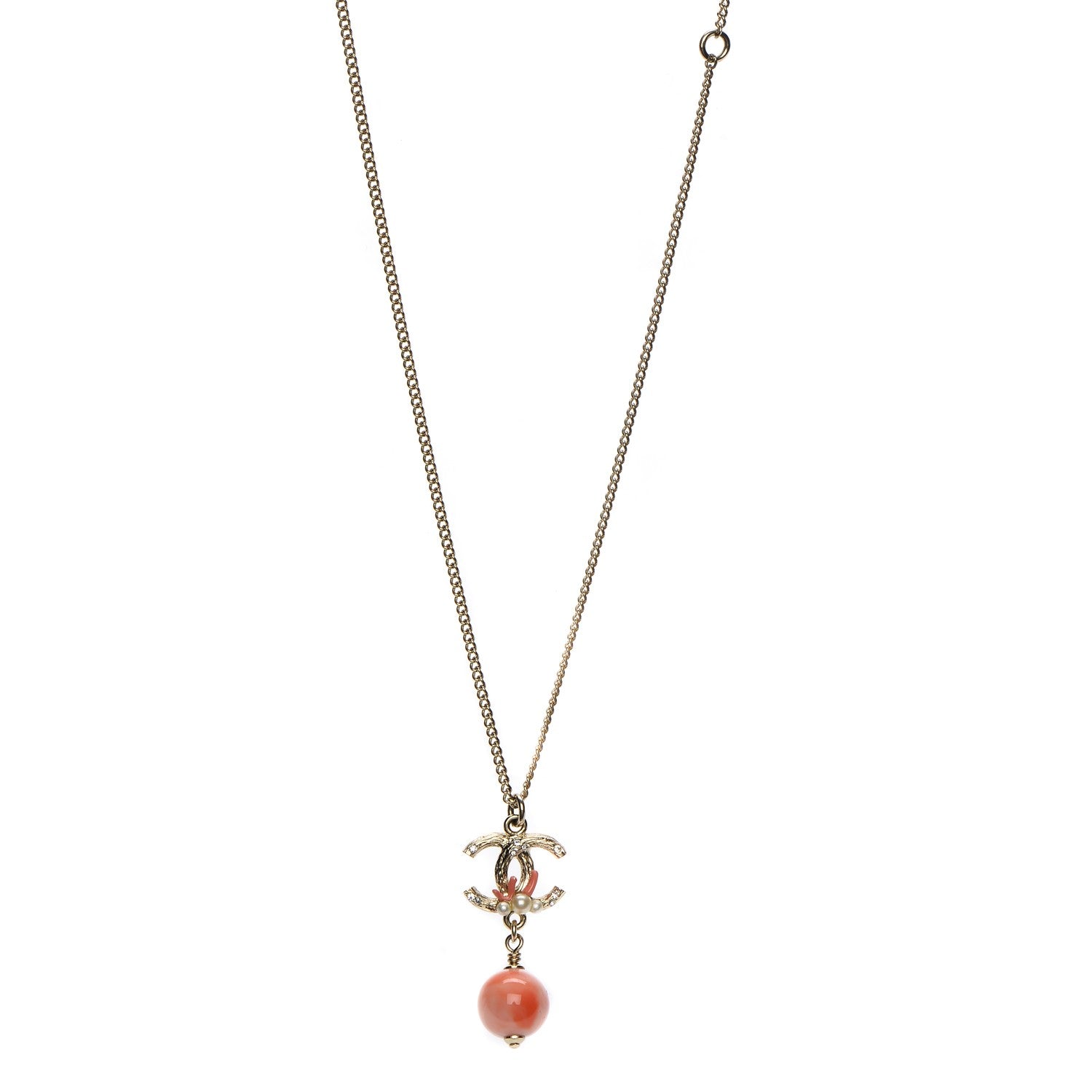Chanel Coral Pearl Crystal CC Drop Necklace Gold 1 of 5