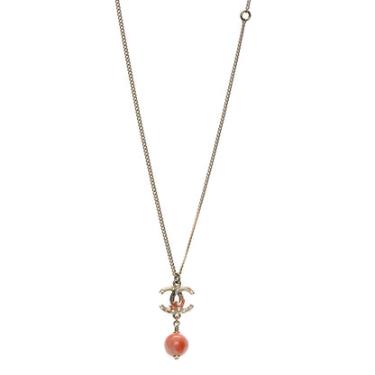 Chanel Coral Pearl Crystal CC Drop Necklace Gold 1 of 5
