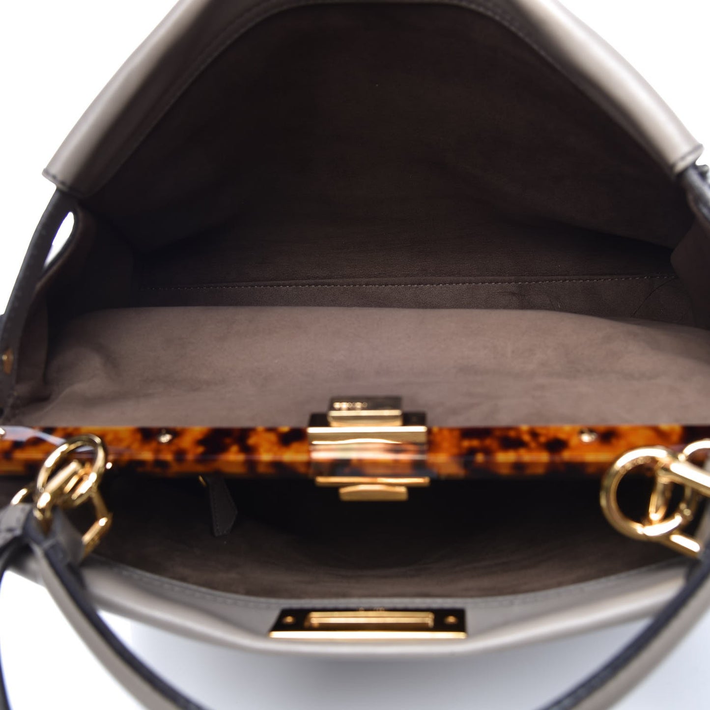 Vitello Seta Suede Plexiglass Tortoise Large Peekaboo Iconic Satchel Asfalto Marrone
