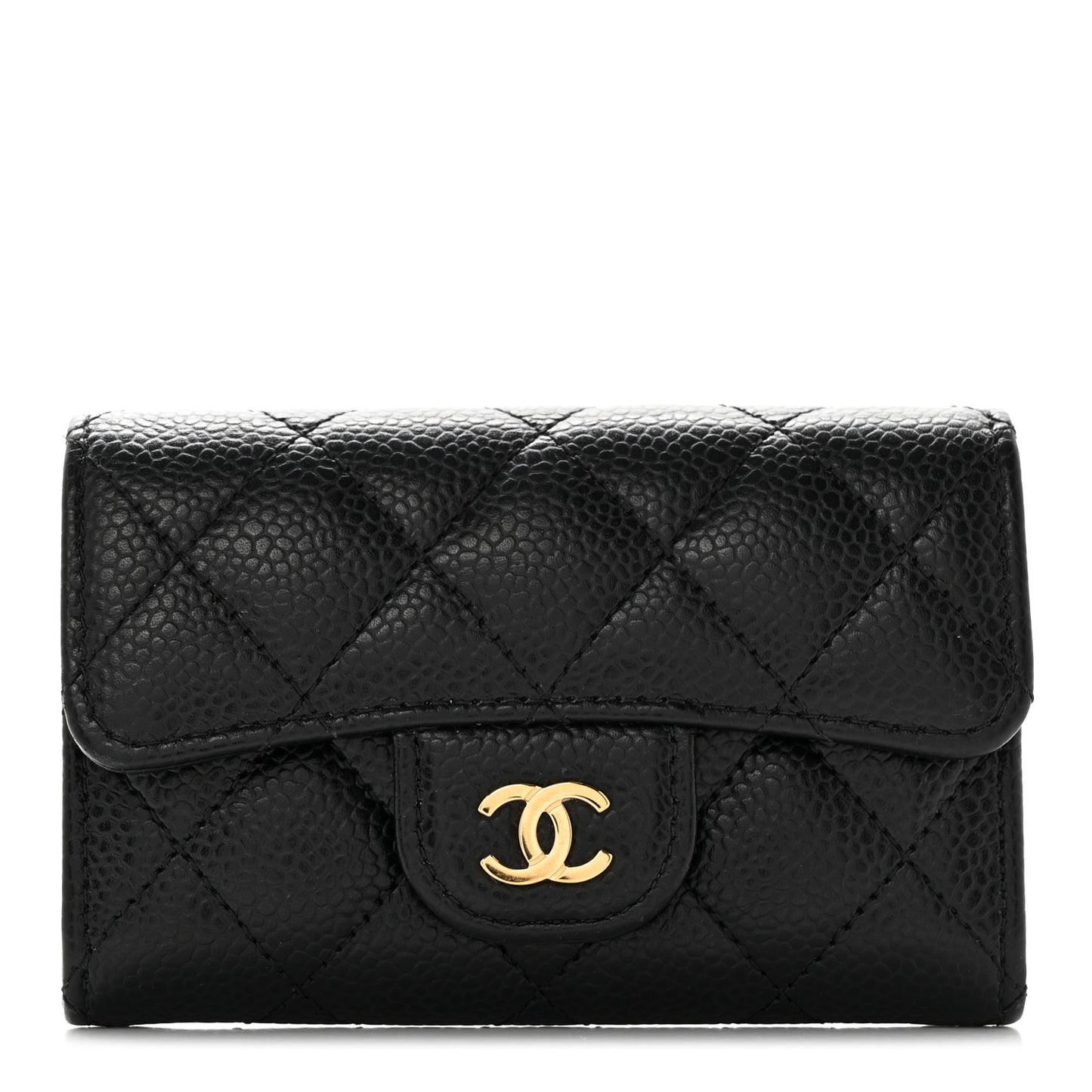 Caviar Quilted Flap Card Holder Wallet Black