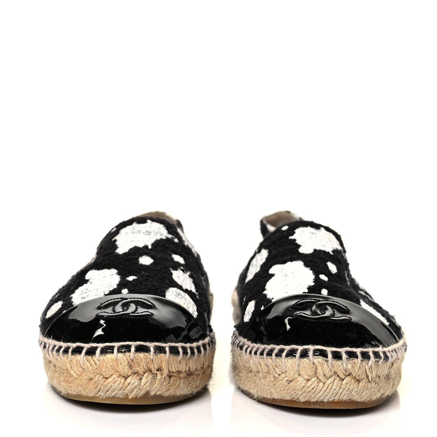 Chanel Patent Tweed Splatter Paint Print Cap Toe CC Espadrilles 38 Black White 2 of 9