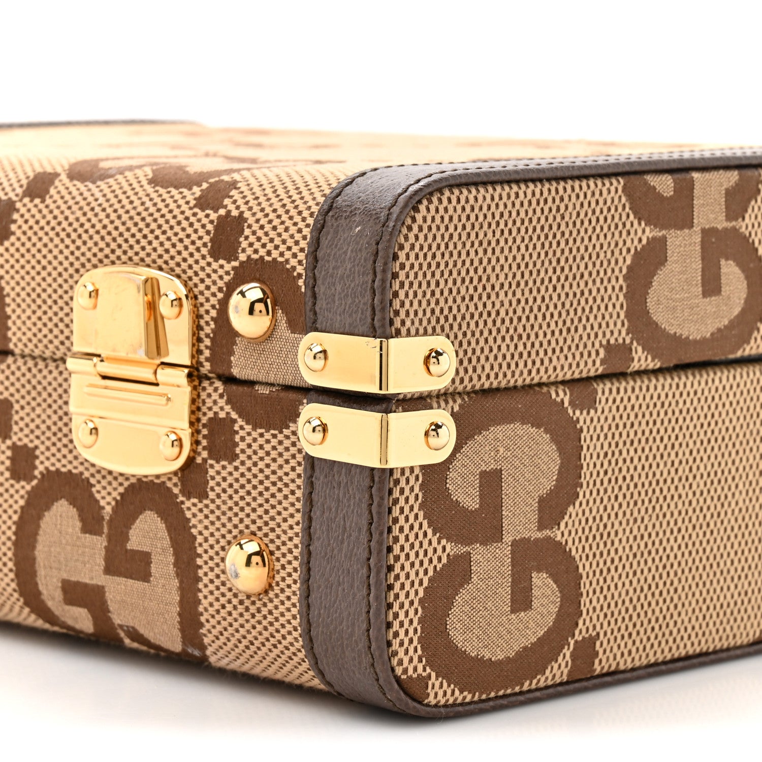 Gucci Monogram Jumbo GG Textured Dollar Calfskin Top Handle Beauty Case Camel Ebony New Acero 8 of 13