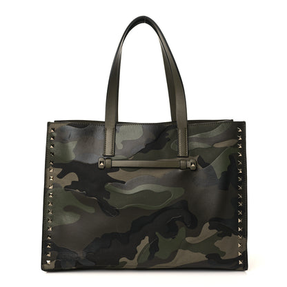 Valentino Garavani Nappa Canvas Camo Medium Rockstud Soft Tote Green 1 of 8