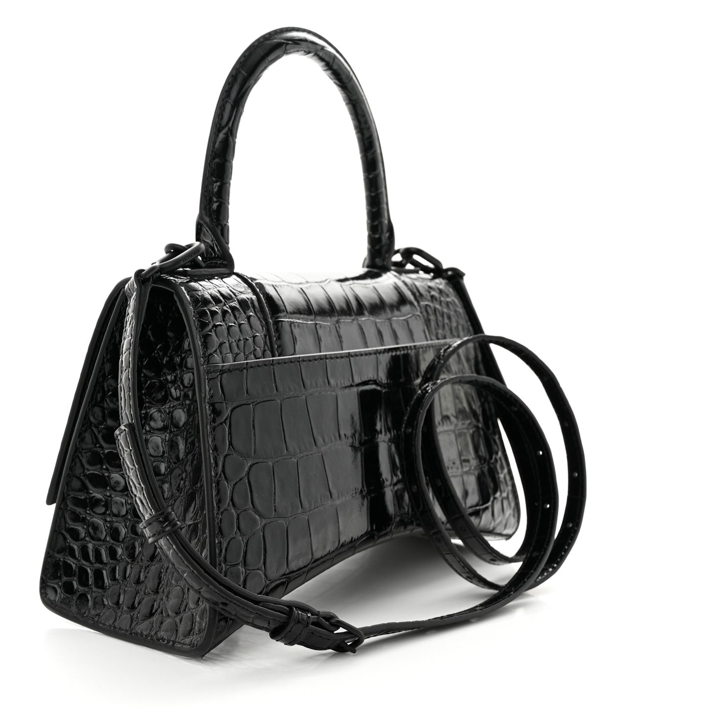 Shiny Calfskin Monochrome Crocodile Embossed Small Hourglass Top Handle Bag Black