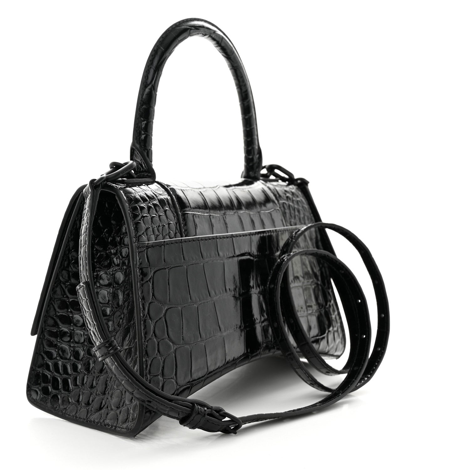 Balenciaga Shiny Calfskin Monochrome Crocodile Embossed Small Hourglass Top Handle Bag Black 3 of 10