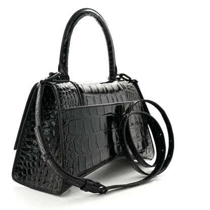 Balenciaga Shiny Calfskin Monochrome Crocodile Embossed Small Hourglass Top Handle Bag Black 3 of 10