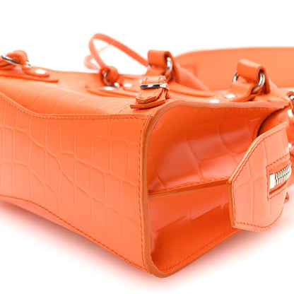 Balenciaga Semi Shiny Calfskin Crocodile Embossed Neo Classic Silver Hardware Nano City Crossbody Orange 9 of 10