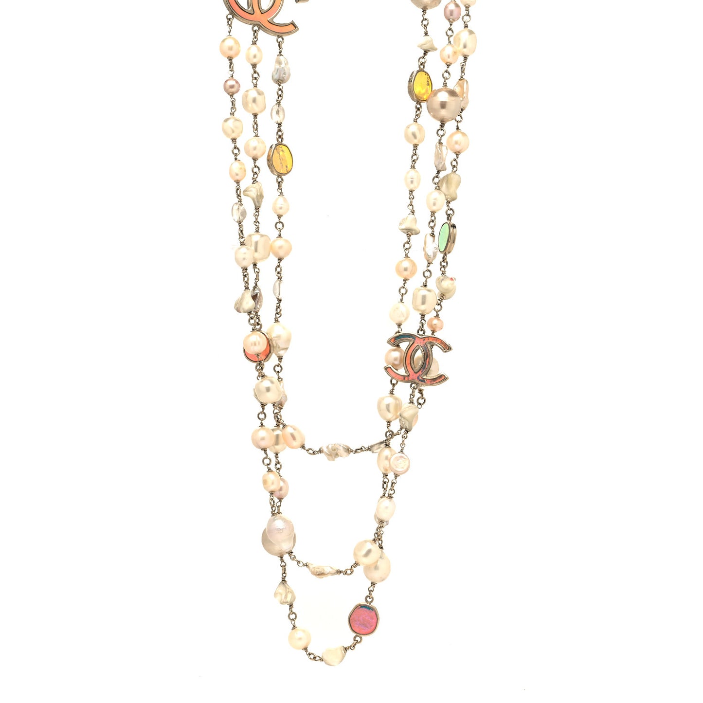 Pearl Beaded Enamel CC Long Necklace Gold Multicolor