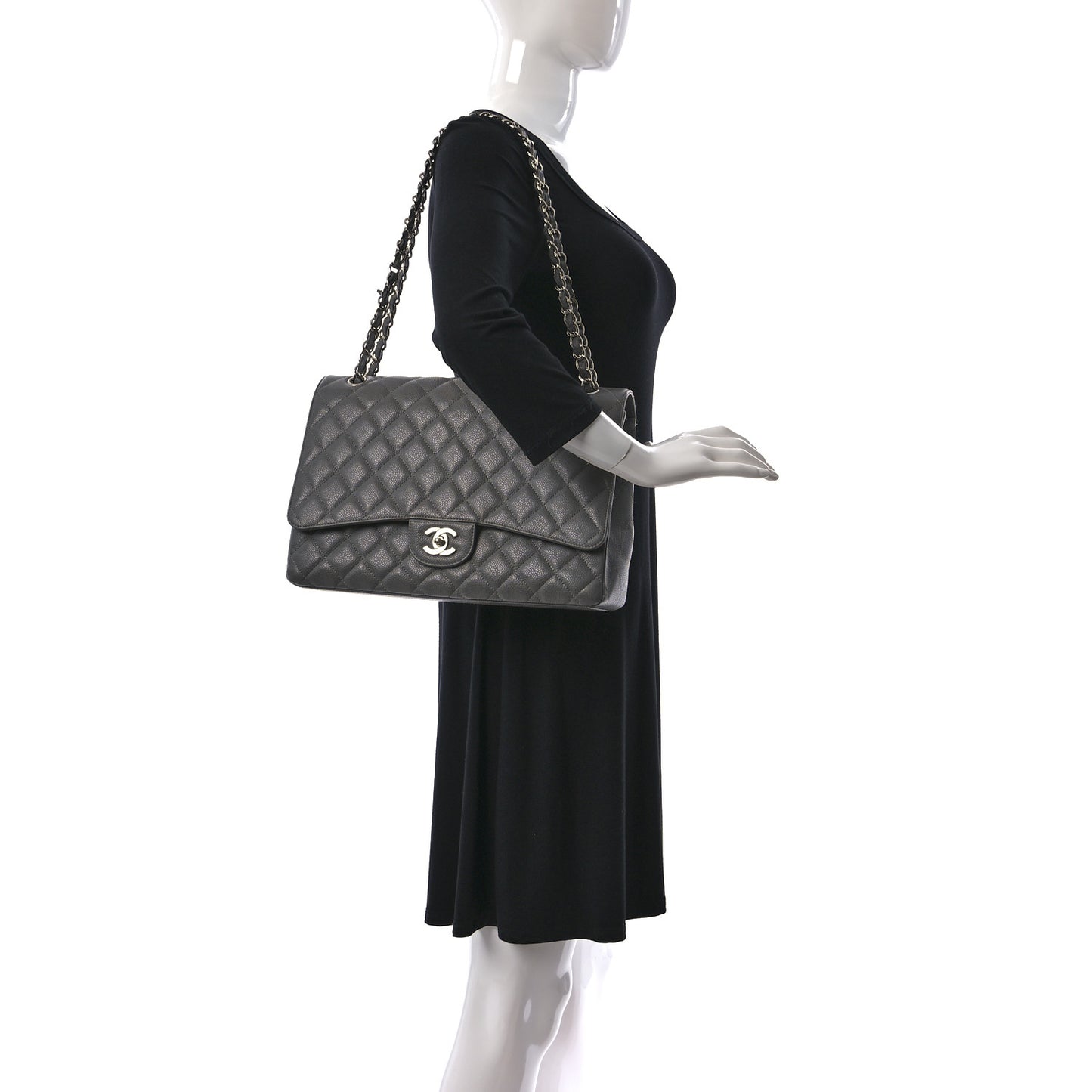 Caviar Quilted Maxi Single Flap Grey