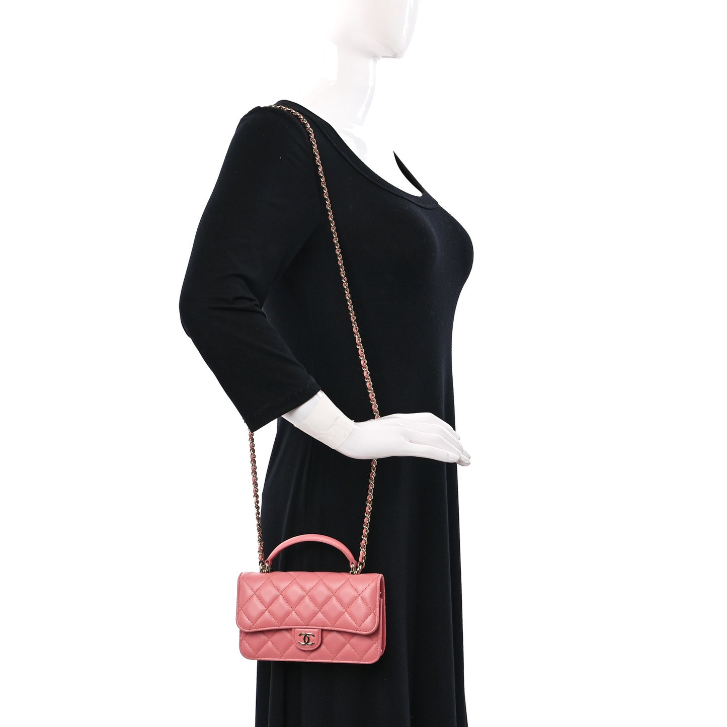 Lambskin Quilted Flap Phone Holder With Chain Pink