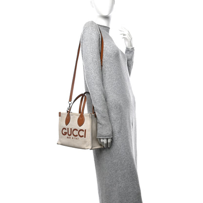 Gucci Canvas Calfskin Logo Print Medium Tote Bag Brown 2 of 12