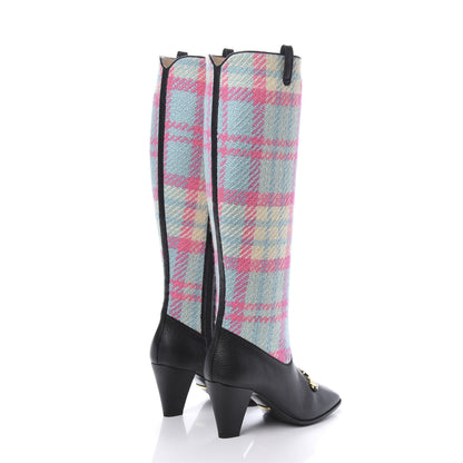 Gucci Tweed Wrinkled Kid Plaid Zumi Knee Boots 37 Black Pink Blue 4 of 8