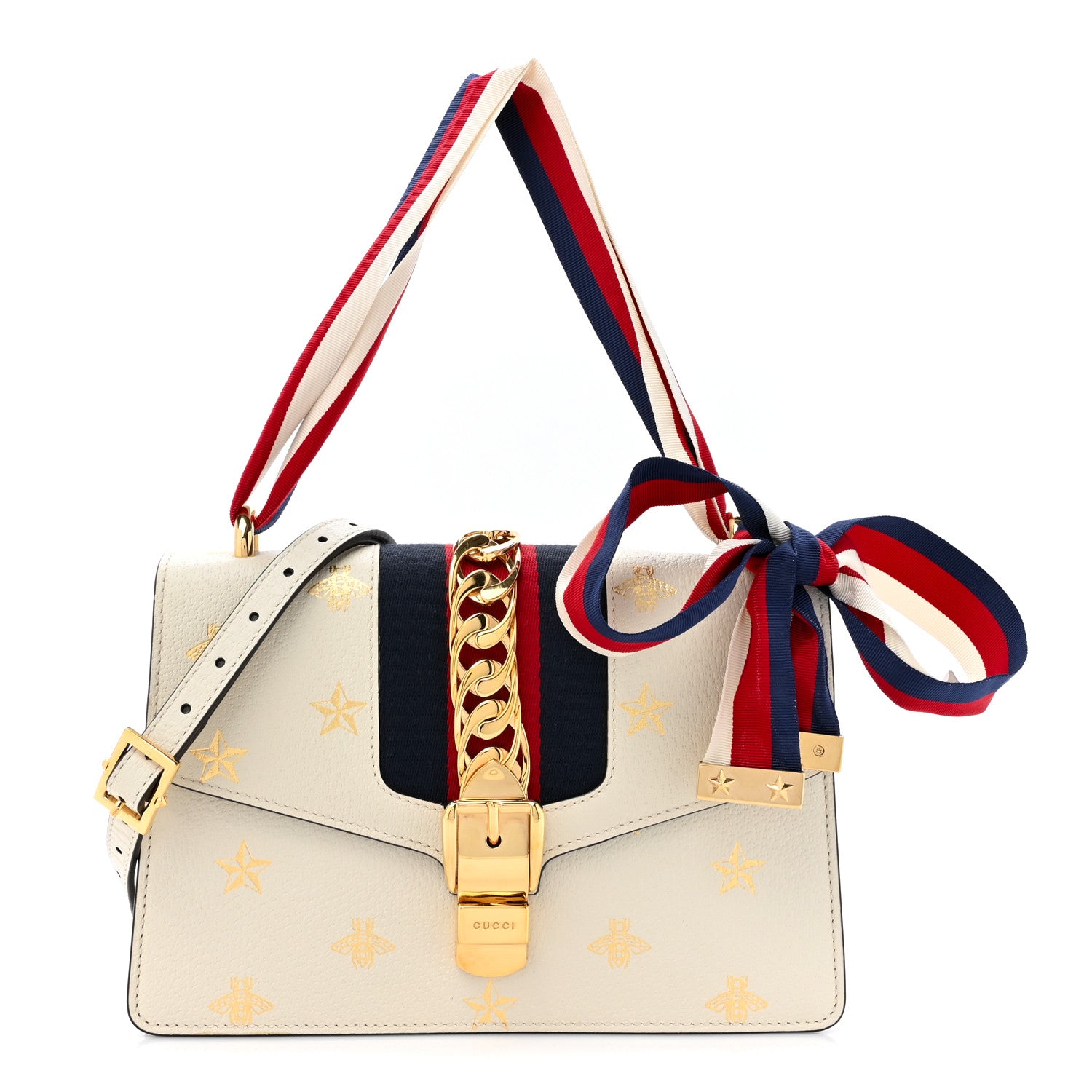 Gucci Textured Calfskin Bee Star Print Small Sylvie Shoulder Bag Mystic White 1 of 15
