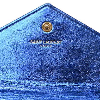 Saint Laurent Metallic Goatskin Mixed Matelasse Chevron Small Monogram Envelope Wallet Blue 6 of 8