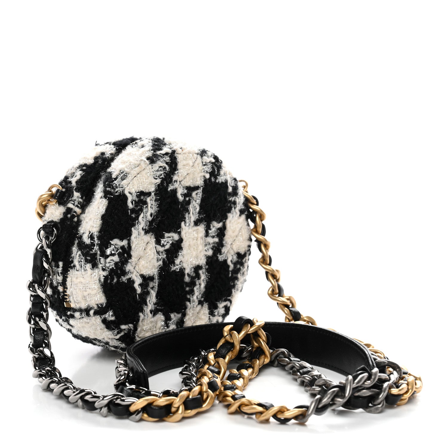 Chanel Wool Tweed Lambskin Quilted Chanel 19 Round Clutch With Chain and Coin Purse Black White Ecru 3 of 10