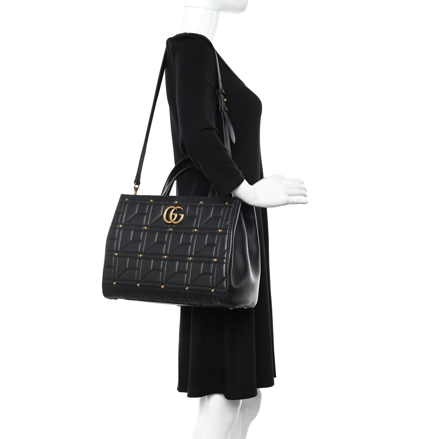 Gucci Calfskin Matelasse Studded Medium GG Marmont Tote Black 2 of 11