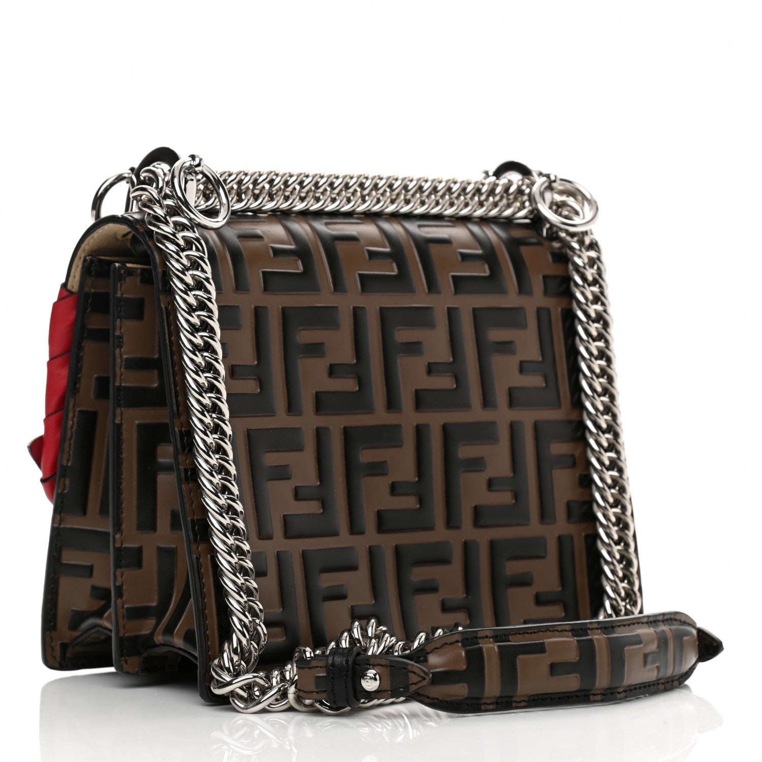Fendi Vitello Shiny Nappa Bi-Color FF 1974 Lace Up Bow Embossed Small Kan I Shoulder Bag Maya Black Fragola 3 of 12