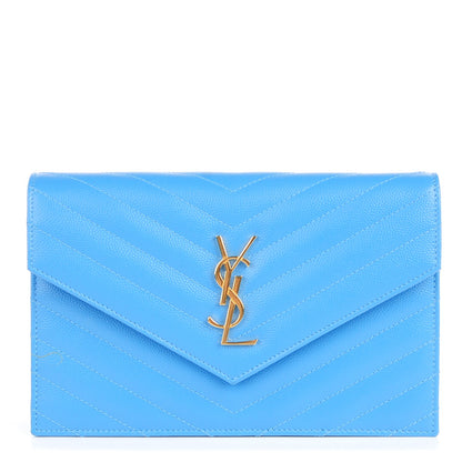 Saint Laurent Grain De Poudre Matelasse Chevron Monogram Chain Wallet Light Blue 1 of 8