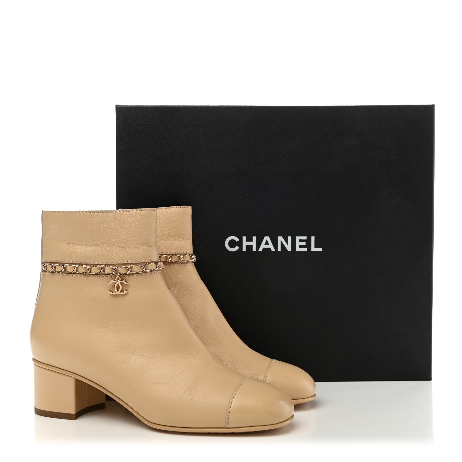 Chanel Calfskin Cap Toe Chain Short Boots 37.5 Beige 10 of 10