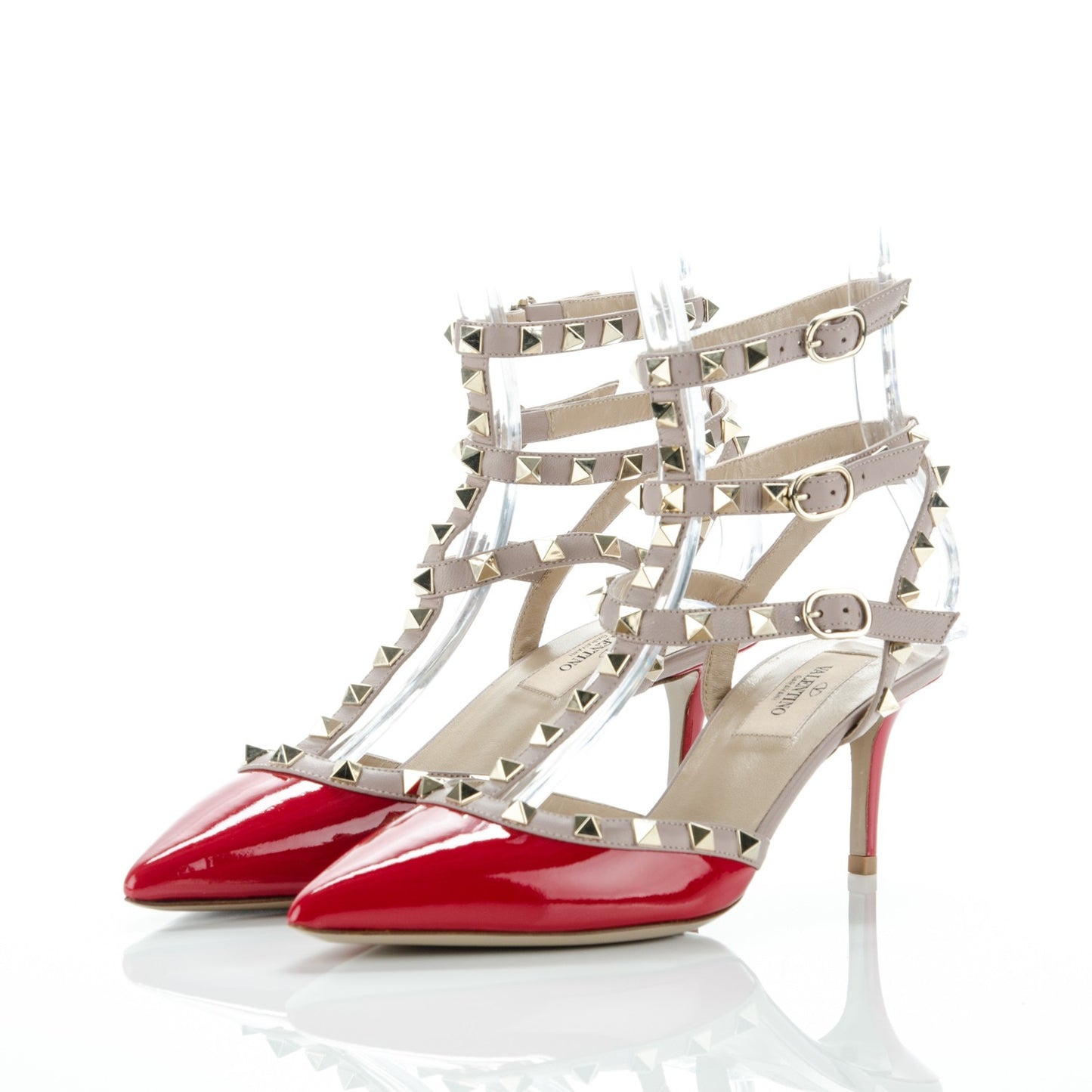 Patent Rockstud Ankle Strap Low Heel Pumps 38 Red Poudre