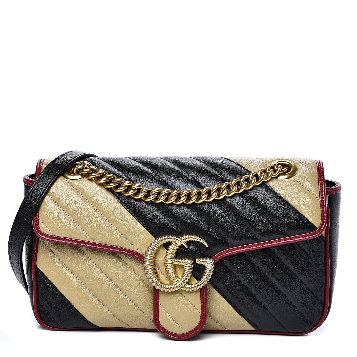 Vintage Effect Calfskin Matelasse Diagonal Striped Small Torchon GG Marmont Shoulder Bag Black Beige