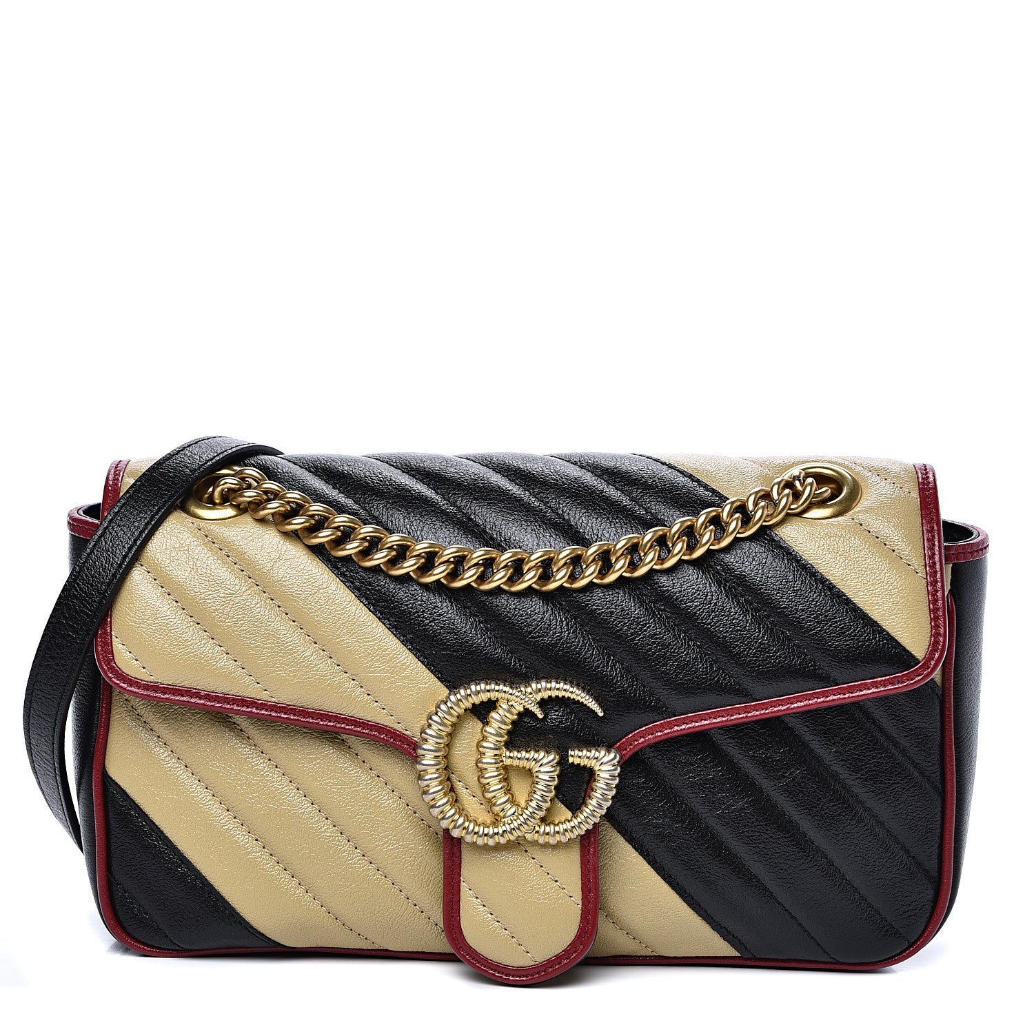 Gucci Vintage Effect Calfskin Matelasse Diagonal Striped Small Torchon GG Marmont Shoulder Bag Black Beige 1 of 9
