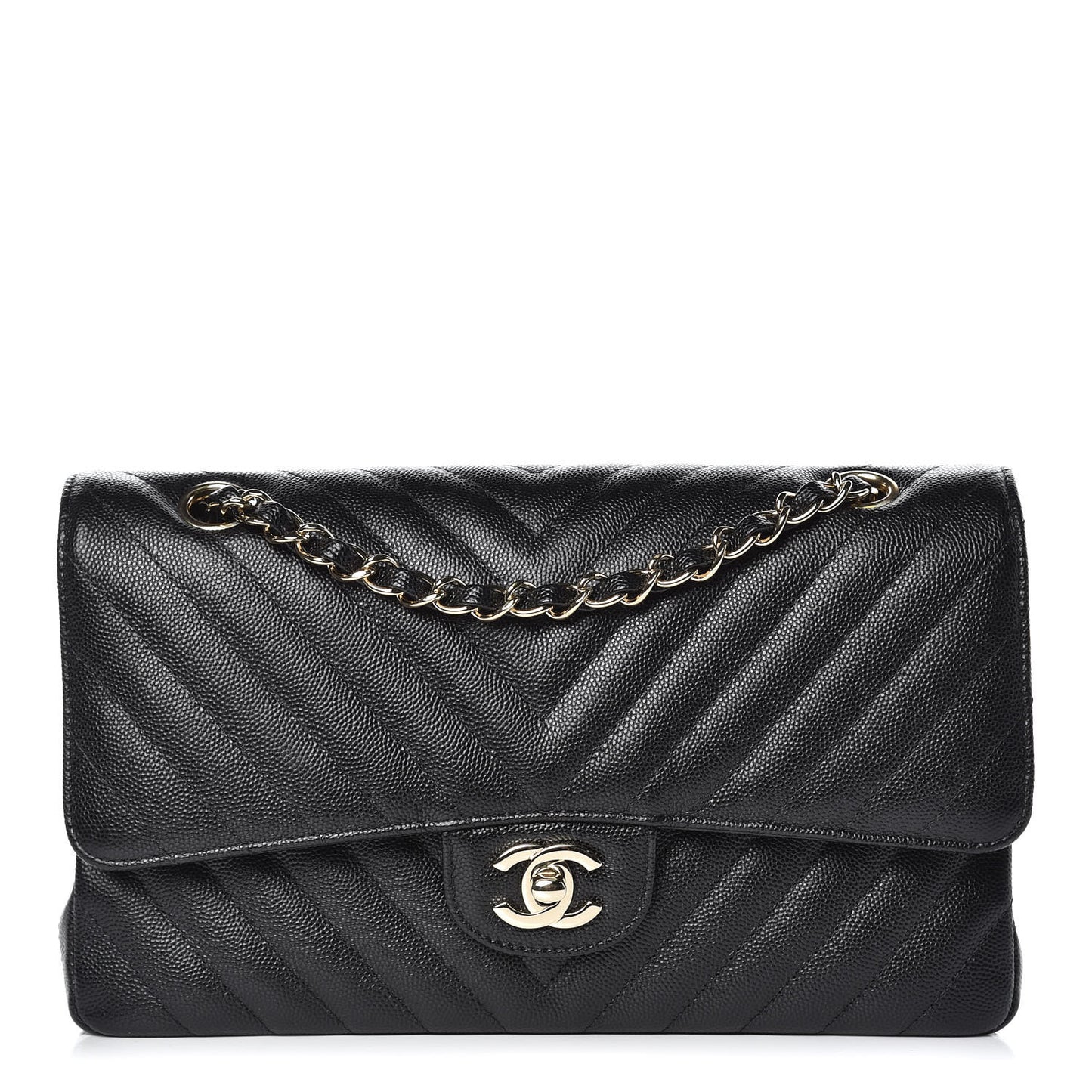 Caviar Chevron Quilted Medium Double Flap Black