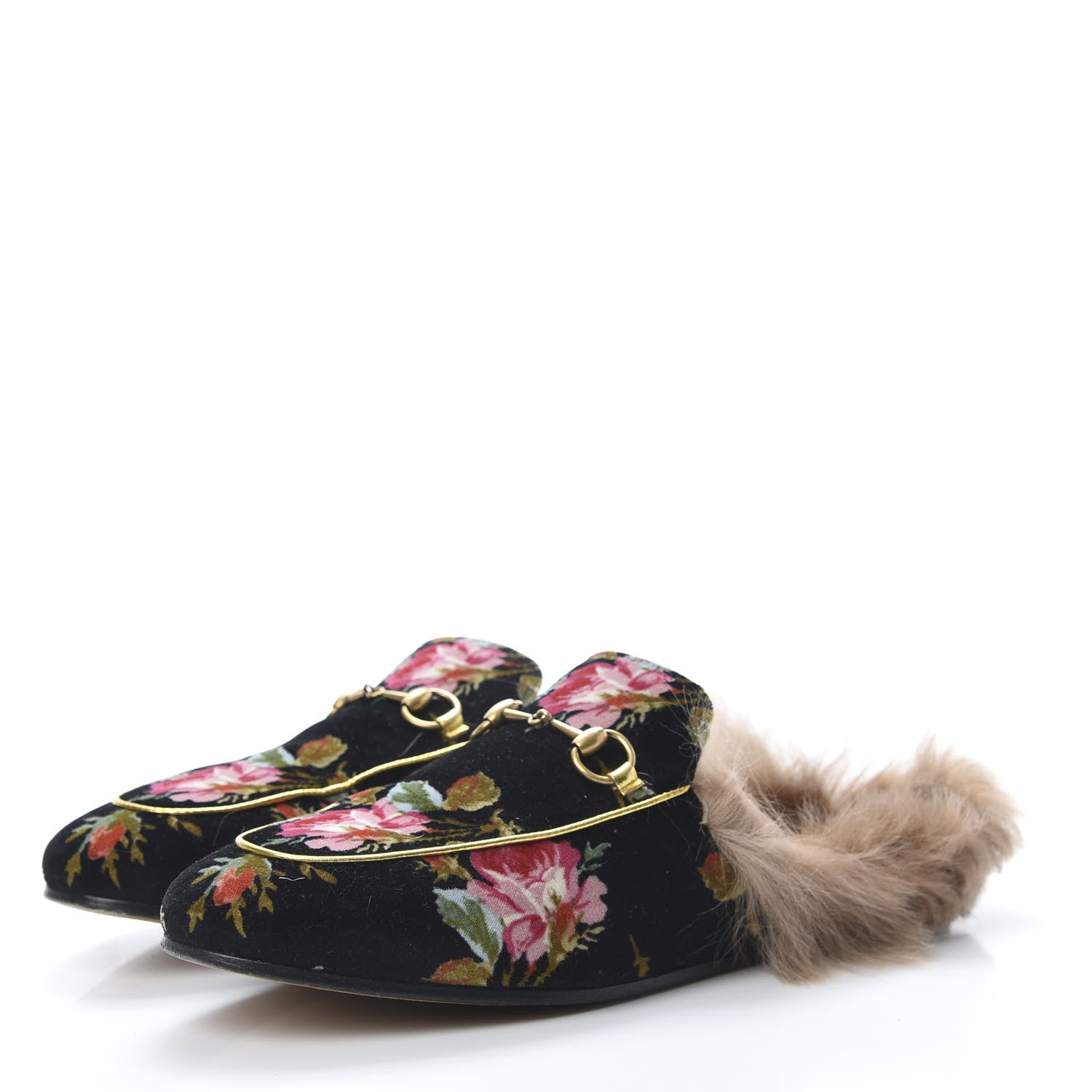 Gucci Velvet Fur Floral Womens Princetown Slippers 41 Black 3 of 14