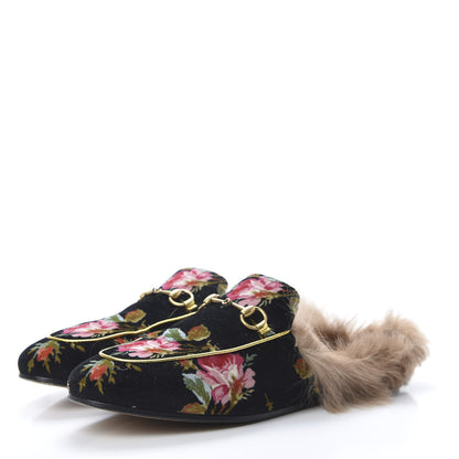 Gucci Velvet Fur Floral Womens Princetown Slippers 41 Black 3 of 14