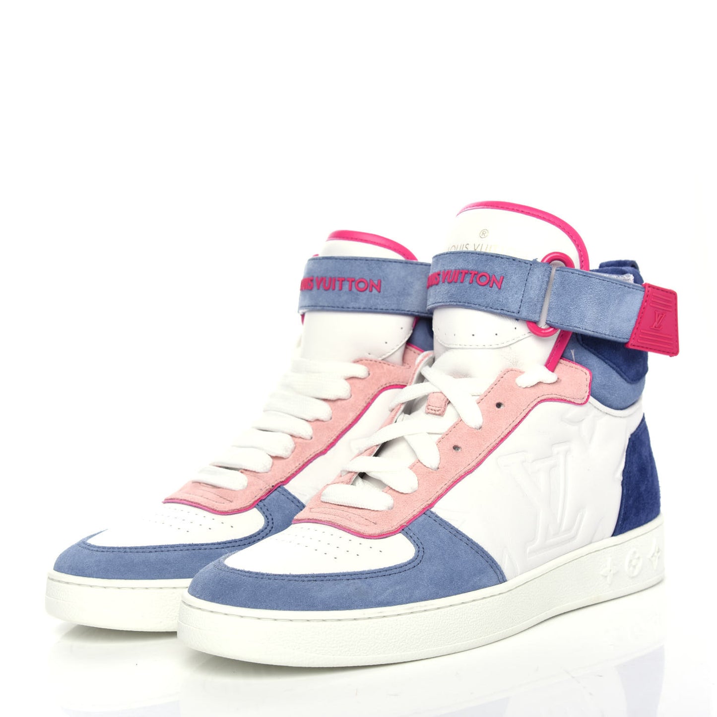 Sheepskin Embossed Suede Calfskin Womens Boombox High-Top Sneakers 37.5 White Denim Blue