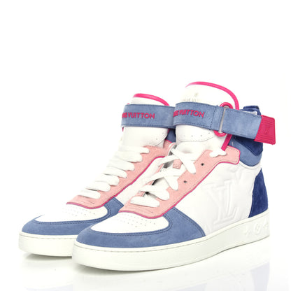 Louis Vuitton Sheepskin Embossed Suede Calfskin Womens Boombox High-Top Sneakers 37.5 White Denim Blue 3 of 10