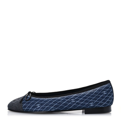Chanel Denim Printed Quilt CC Cap Toe Ballerina Flats 38.5 Navy Blue Dark Grey 1 of 12