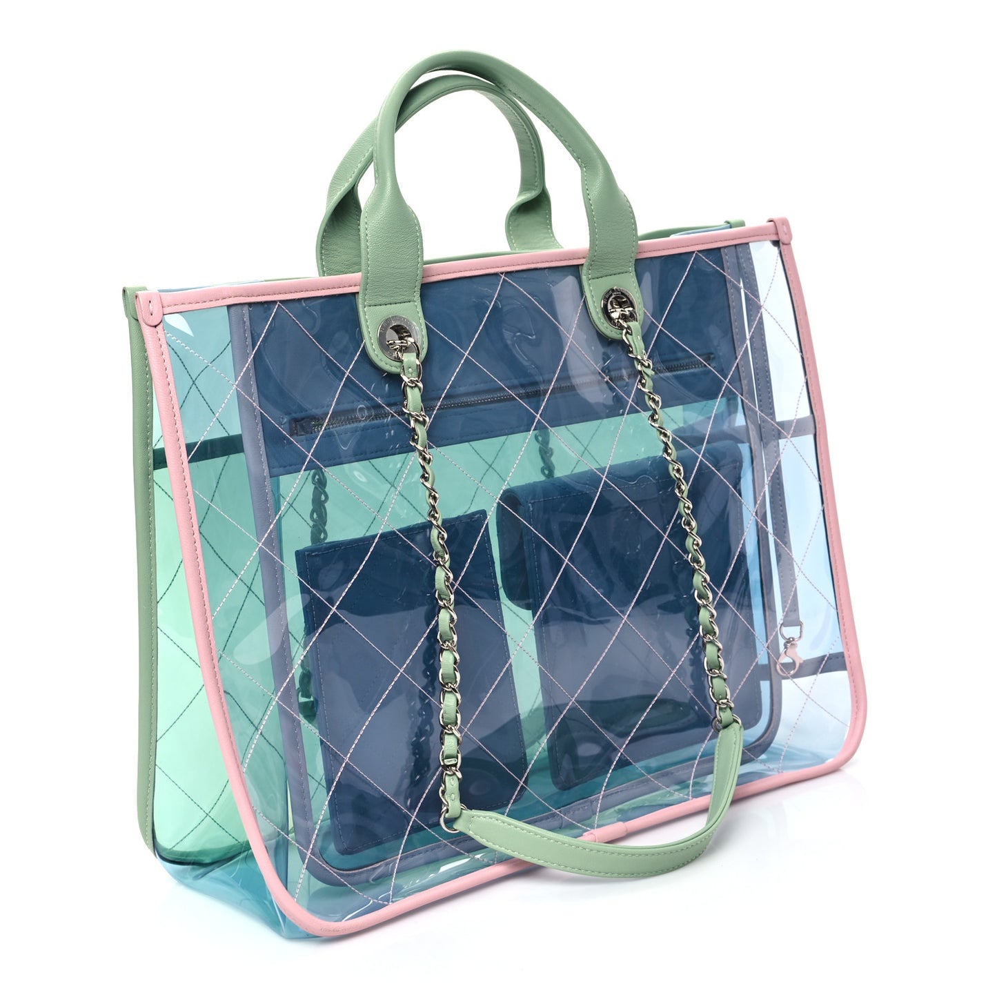 PVC Lambskin Stitched Medium Coco Splash Shopping Bag Blue Green Pink