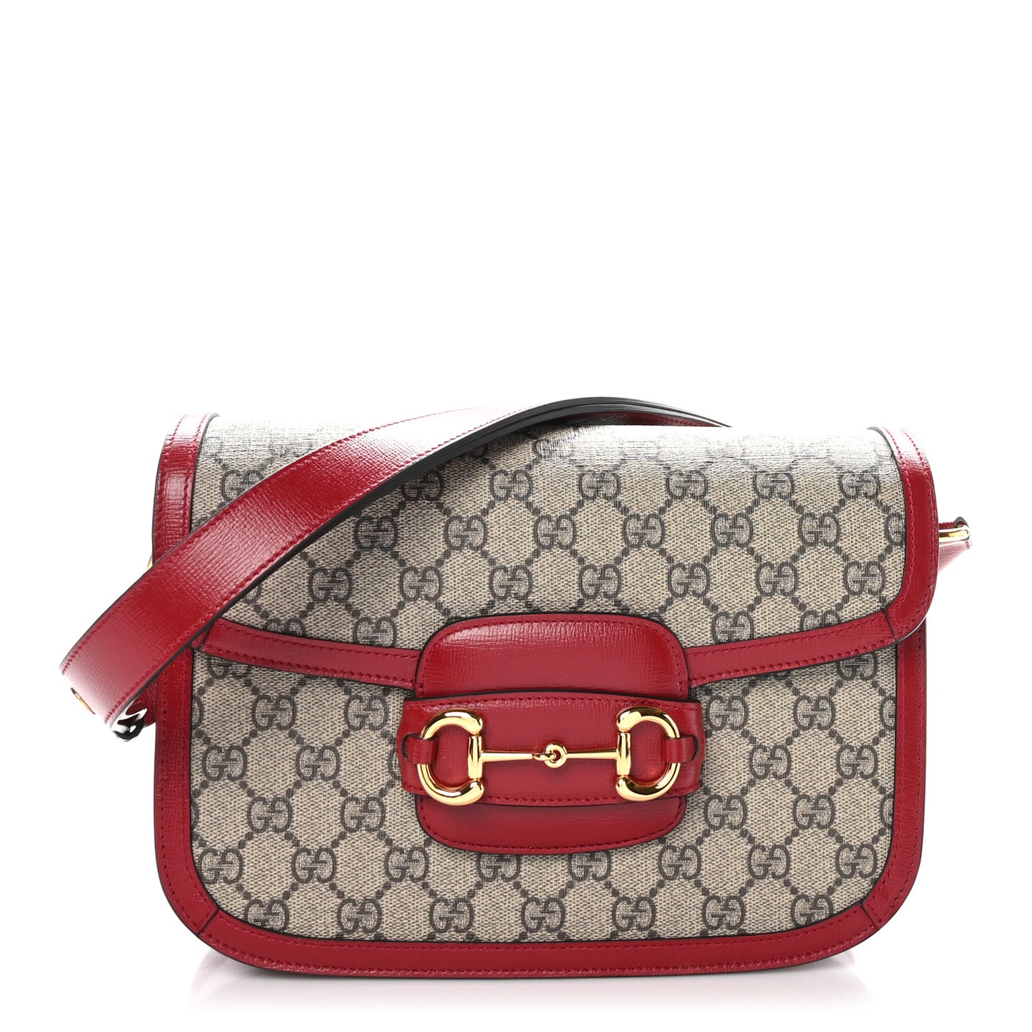 GG Supreme Monogram Azalea Calfskin Horsebit 1955 Shoulder Bag Beige Ebony New Cherry Red
