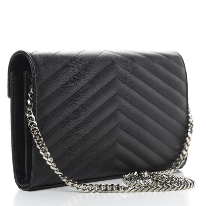 Saint Laurent Grain De Poudre Matelasse Chevron Monogram Chain Wallet Black 3 of 11