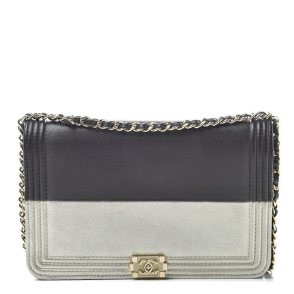 Chanel Metallic Goatskin Lambskin Boy Wallet on Chain WOC Black Gold 1 of 14