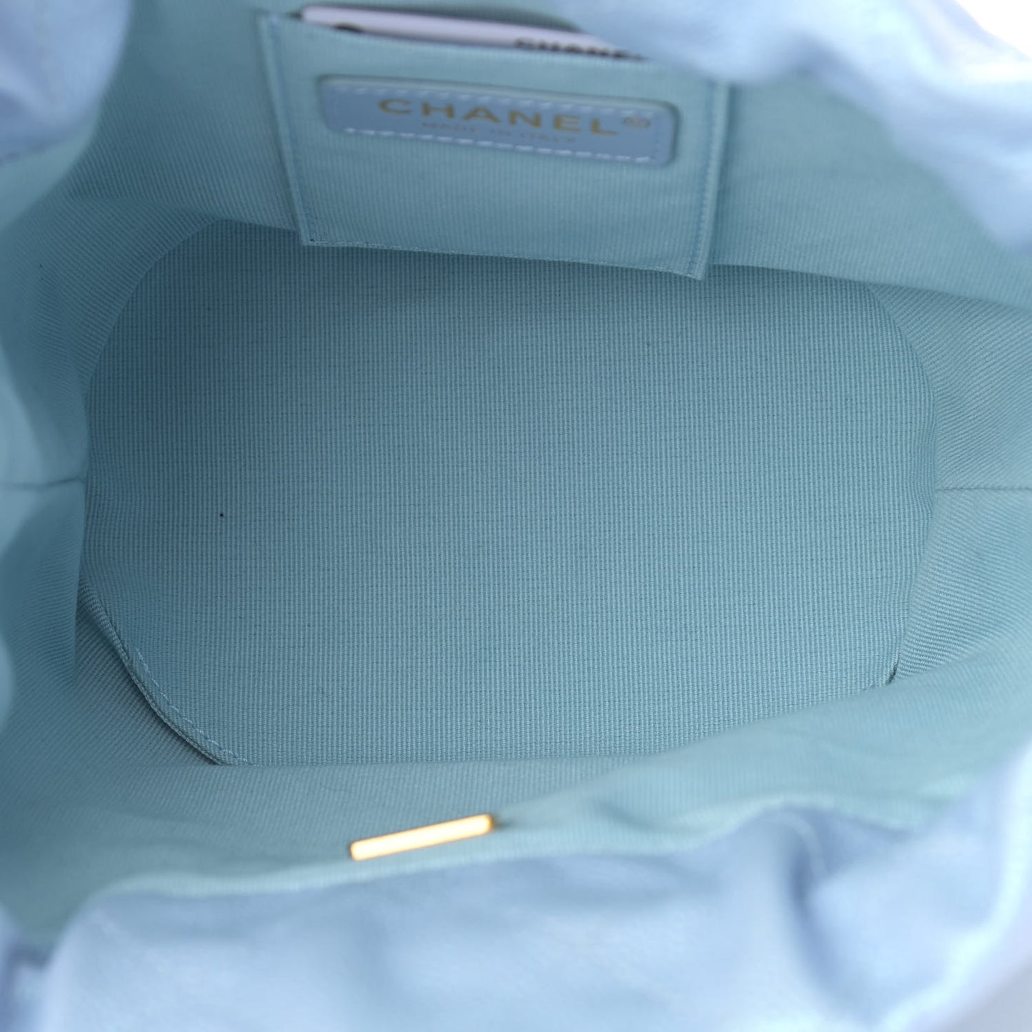Iridescent Caviar Quilted My Perfect CC Bucket Drawstring Bag Light Blue