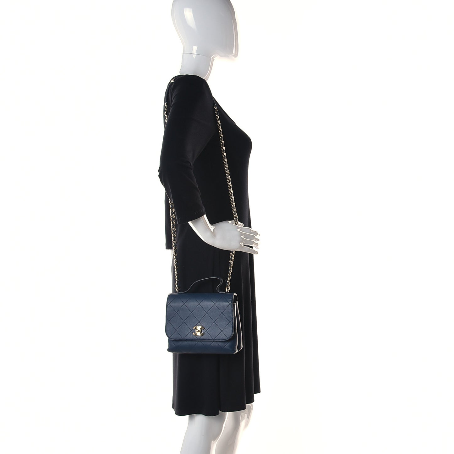 Calfskin Quilted Small Double Pocket Top Handle Flap Blue