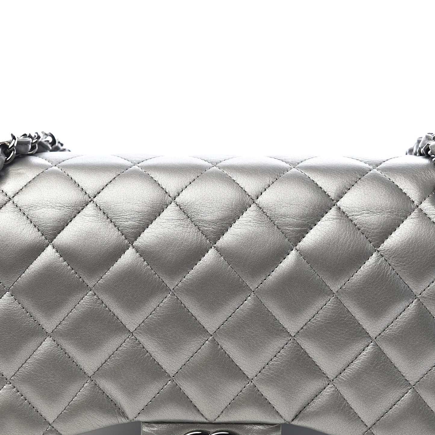 Metallic Calfskin Quilted Jumbo Double Flap Silver