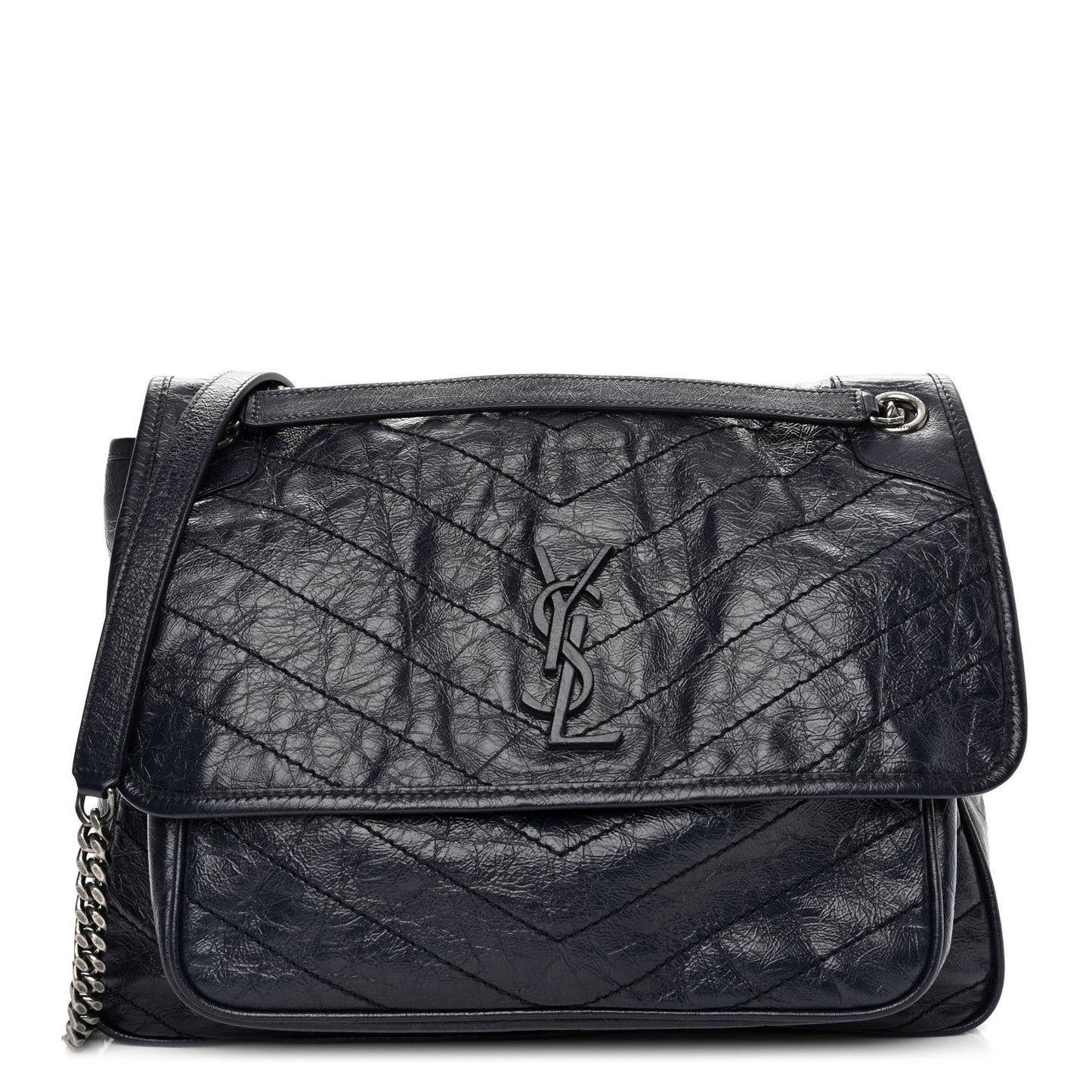 Crinkled Calfskin Matelasse Monogram Large Niki Chain Satchel Deep Marine