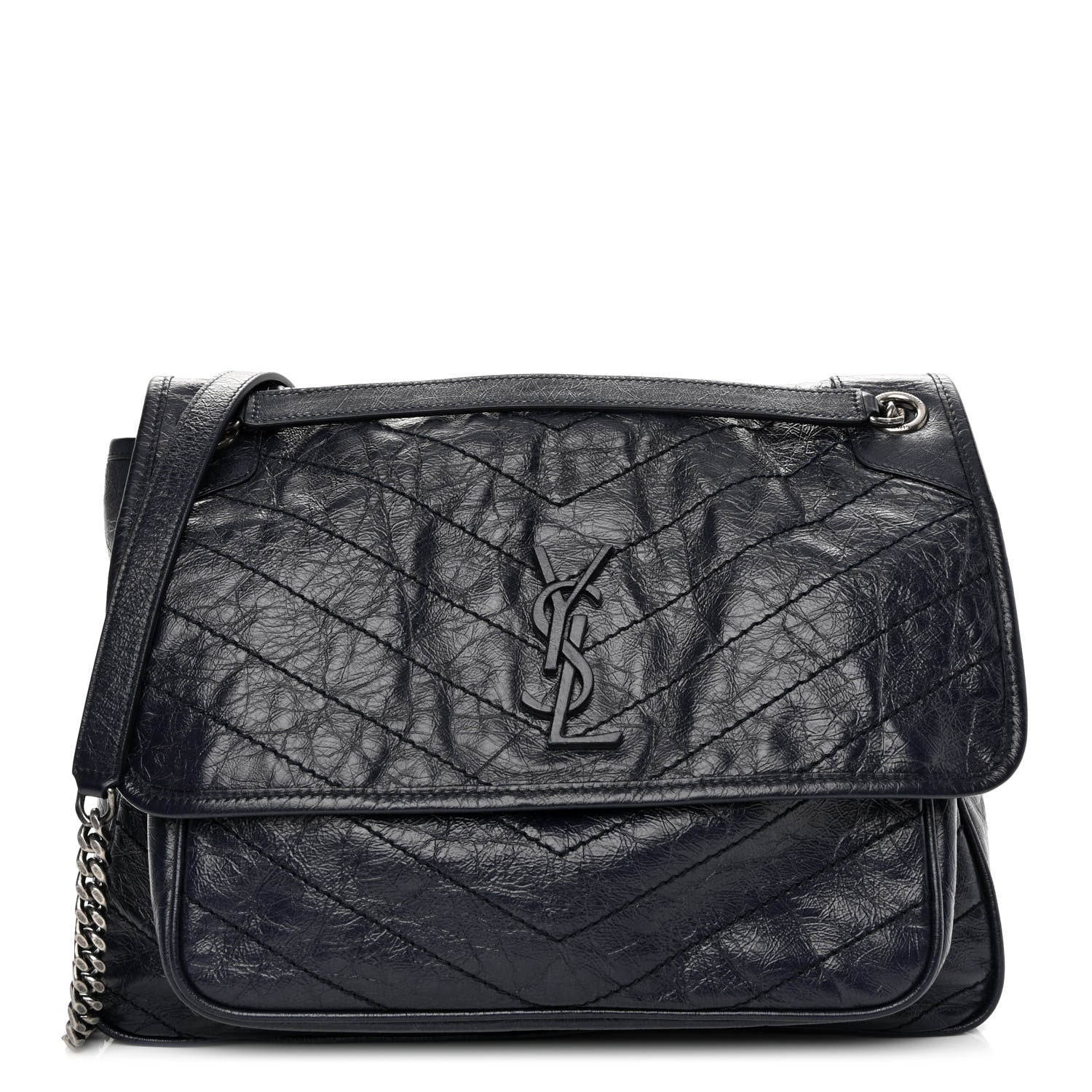 Saint Laurent Crinkled Calfskin Matelasse Monogram Large Niki Chain Satchel Deep Marine 1 of 9
