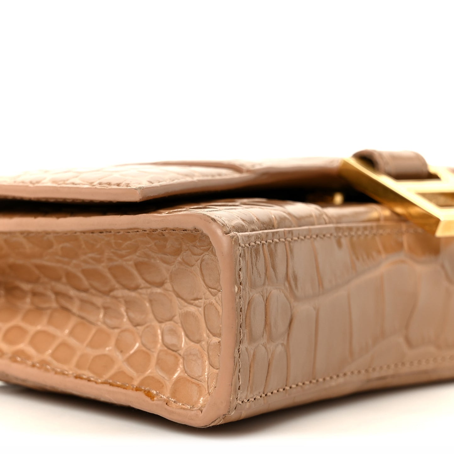 Shiny Calfskin Crocodile Embossed Hourglass Chain Bag Nude Beige