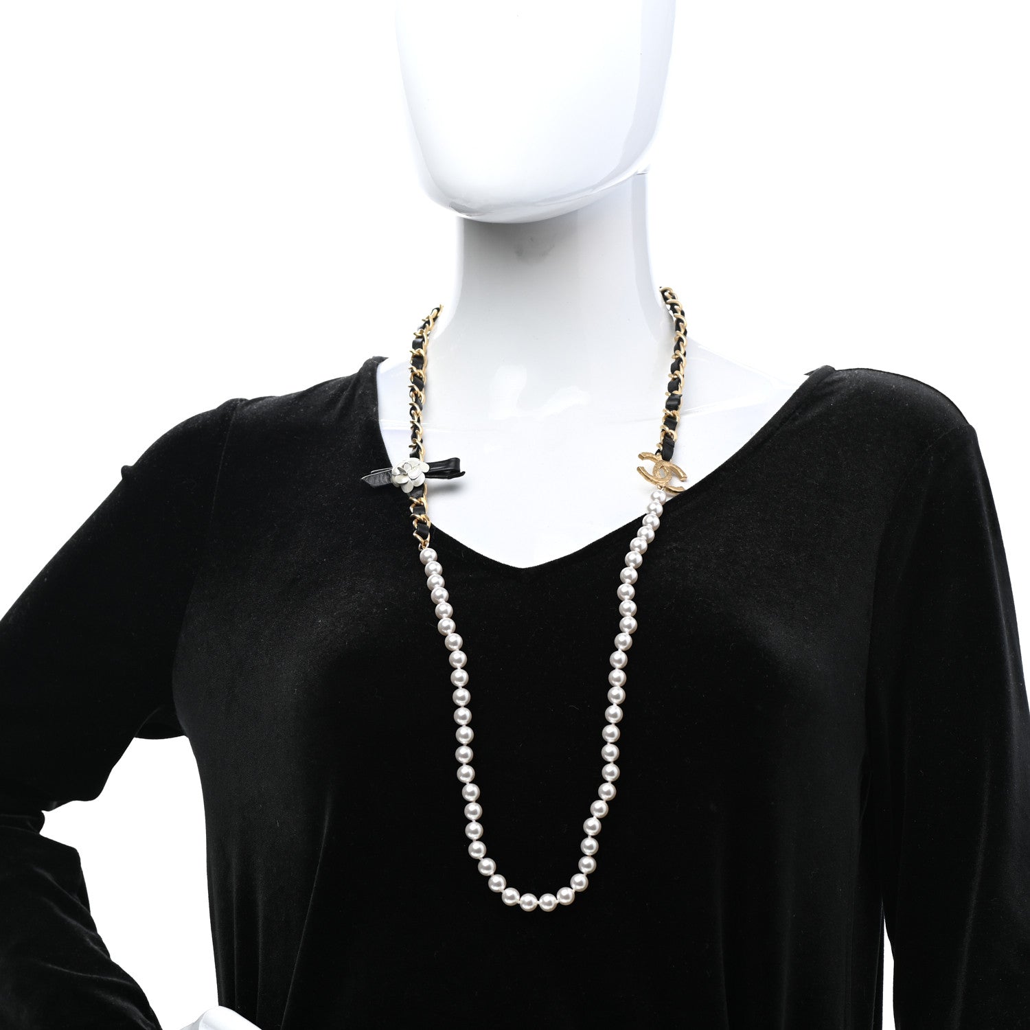 Chanel Calfskin Pearl Chain 90's Camellia Long Necklace Black Gold 2 of 6