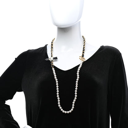 Chanel Calfskin Pearl Chain 90's Camellia Long Necklace Black Gold 2 of 6