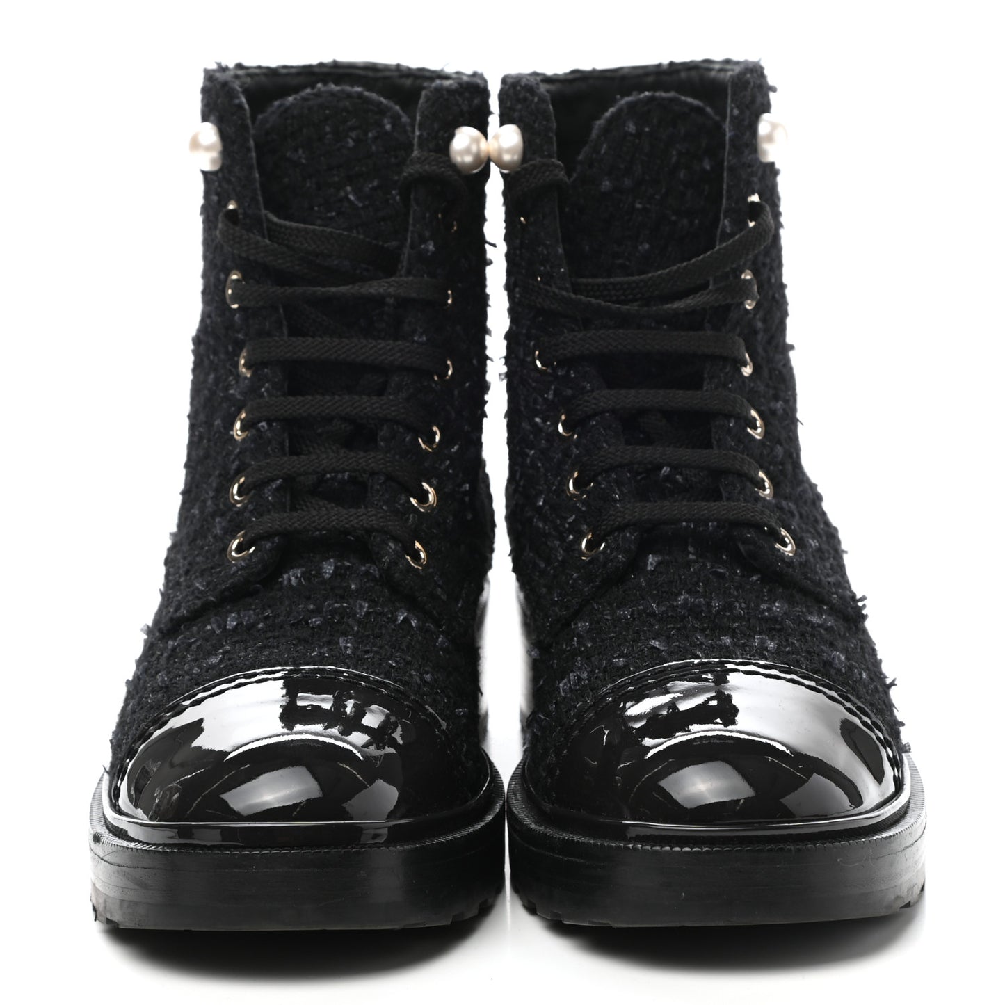 Tweed Patent Calfskin Pearl Combat Short Boots 38.5 Black Grey