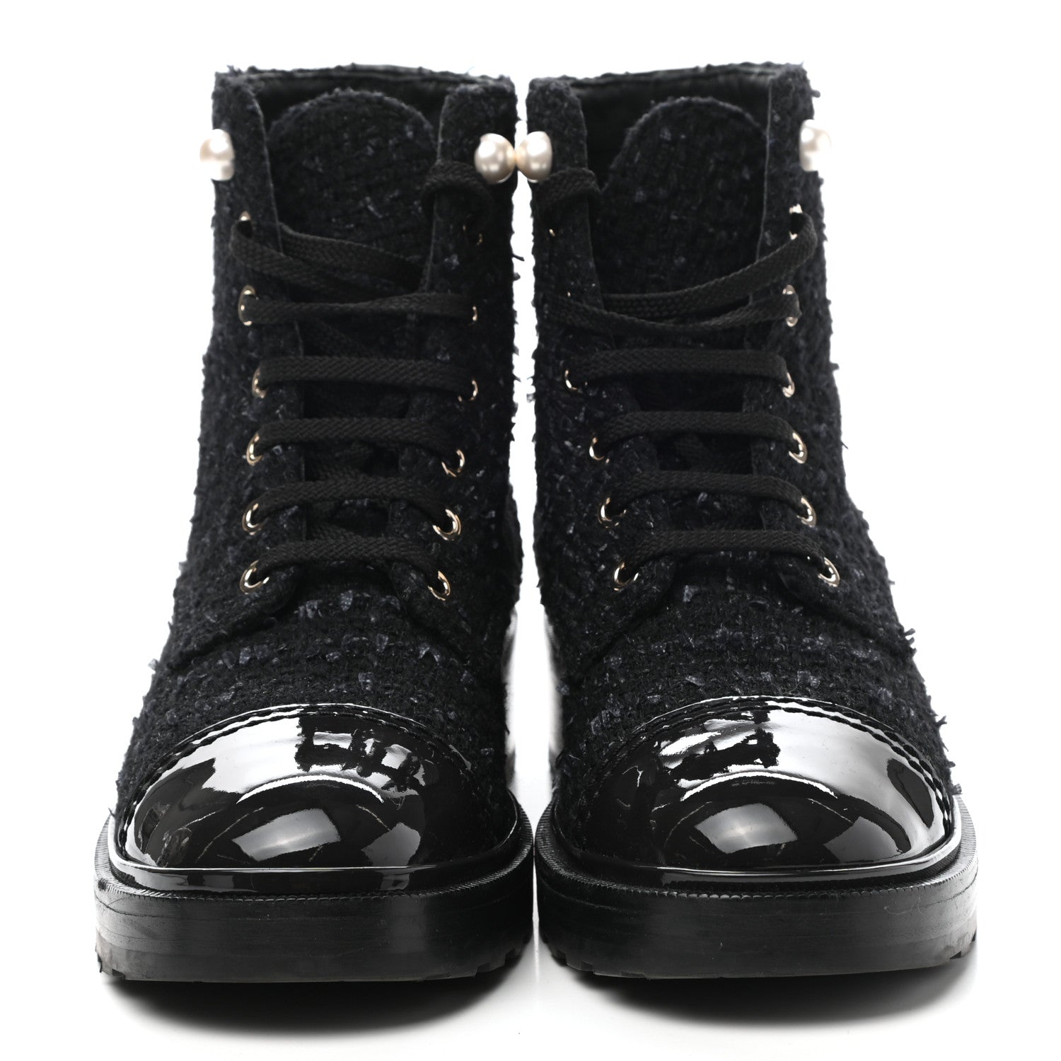 Chanel Tweed Patent Calfskin Pearl Combat Short Boots 38.5 Black Grey 2 of 9